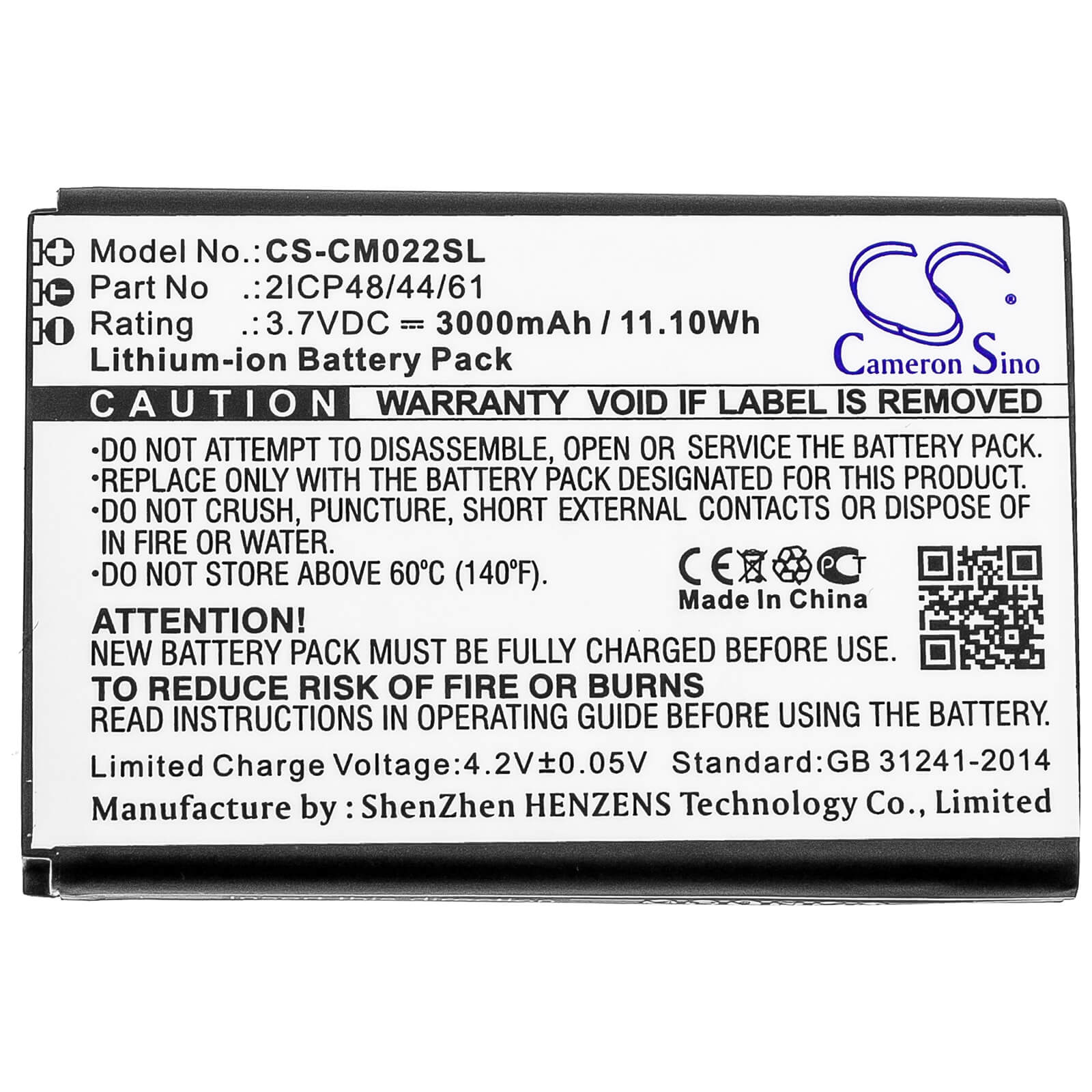 3.7V, 3000mAh, Li-ion Battery fits Cameron Sino, 2icp48/44/61, 11.1Wh