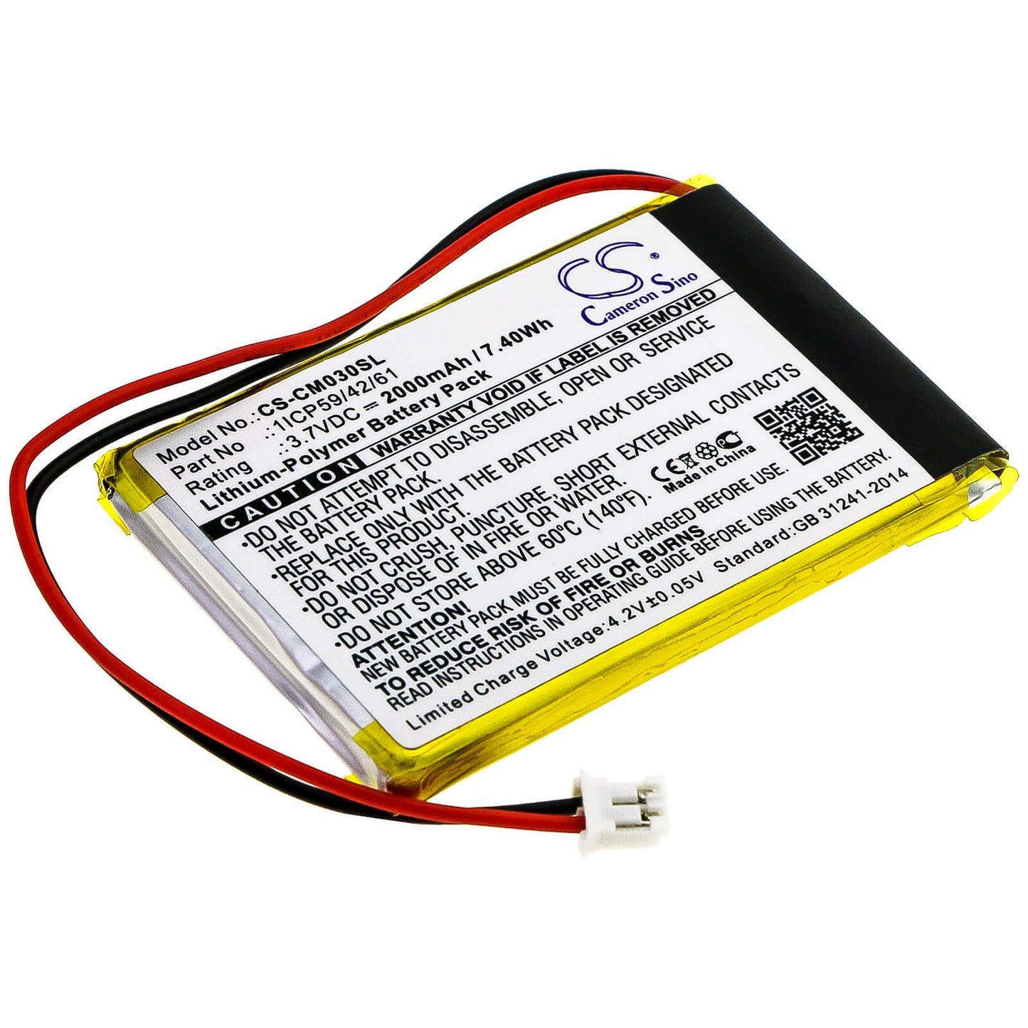 3.7V, 2000mAh, Li-Polymer Battery fits Cameron Sino, 1icp59/42/61, 7.4Wh