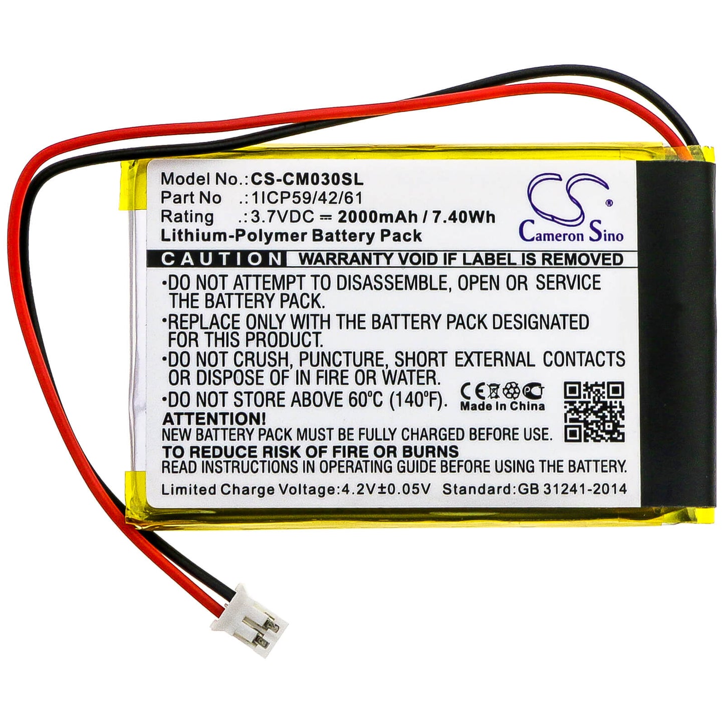 3.7V, 2000mAh, Li-Polymer Battery fits Cameron Sino, 1icp59/42/61, 7.4Wh
