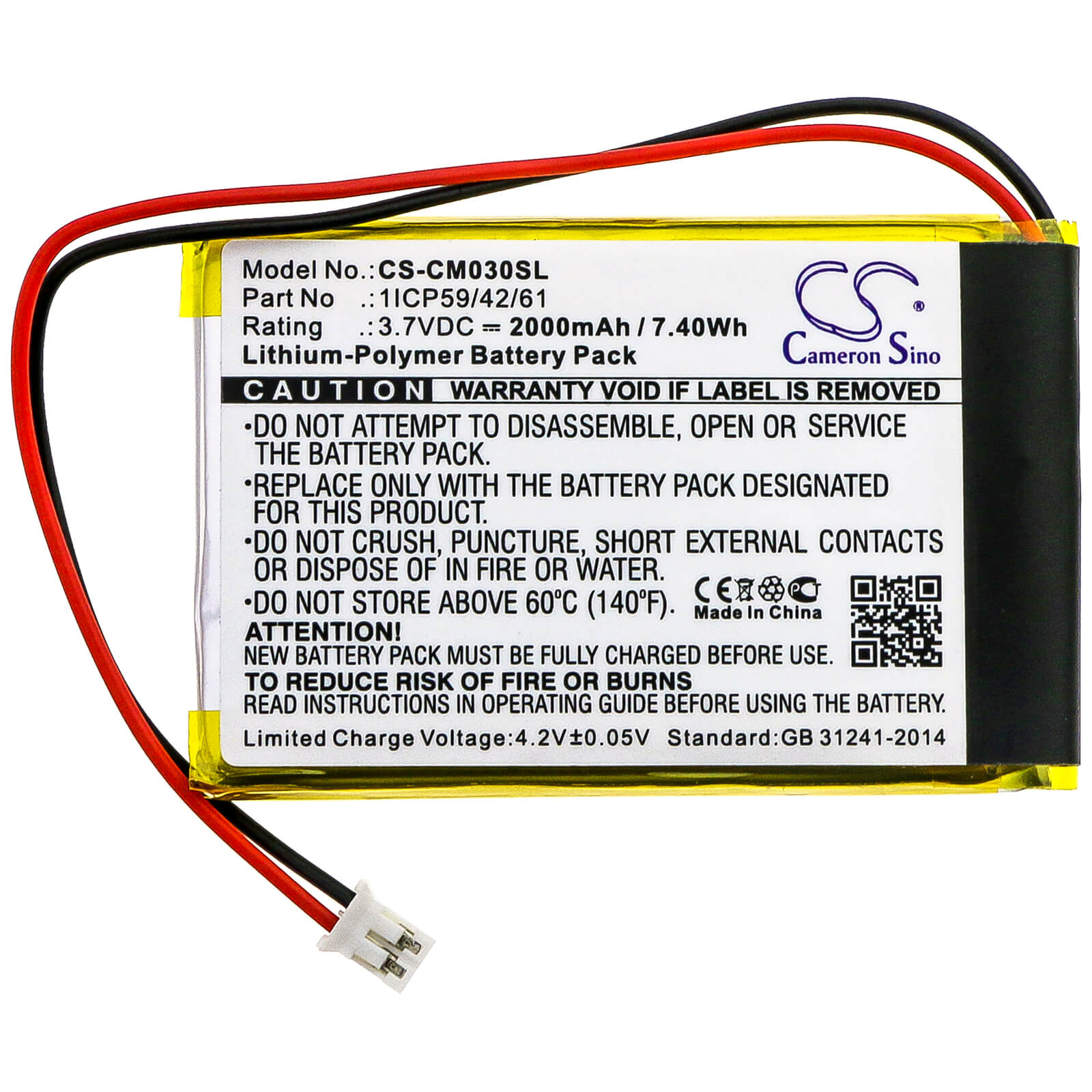 3.7V, 2000mAh, Li-Polymer Battery fits Cameron Sino, 1icp59/42/61, 7.4Wh