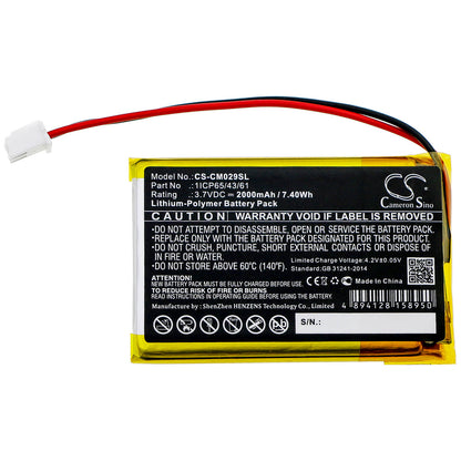 3.7V, 2000mAh, Li-Polymer Battery fits Cameron Sino, 1icp65/43/61, 7.4Wh