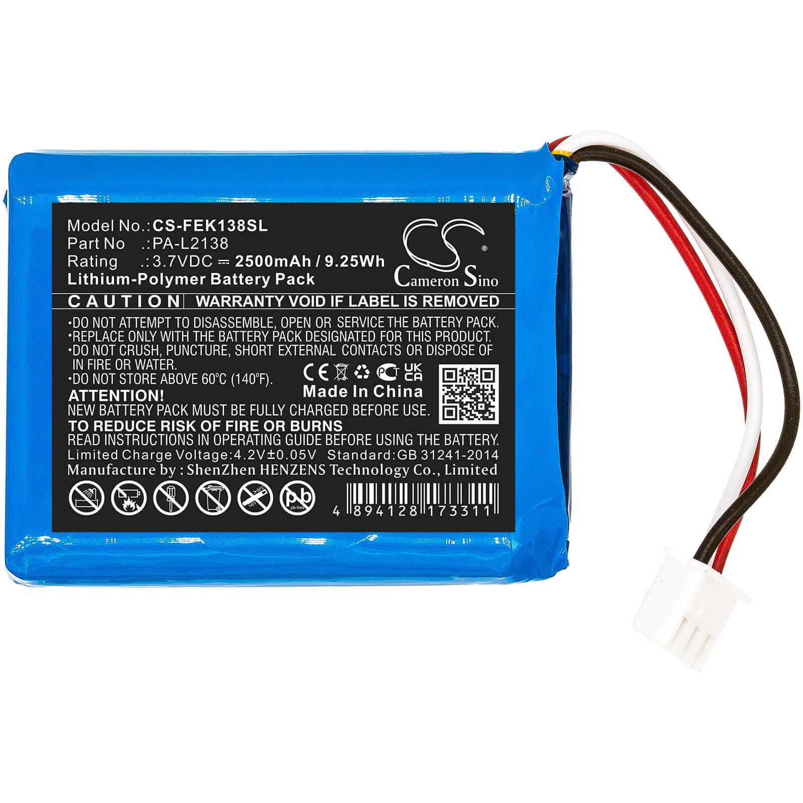 3.7V, 2500mAh, Li-Polymer Battery fits Fey Elektronik, Pa-l2138, 9.25Wh