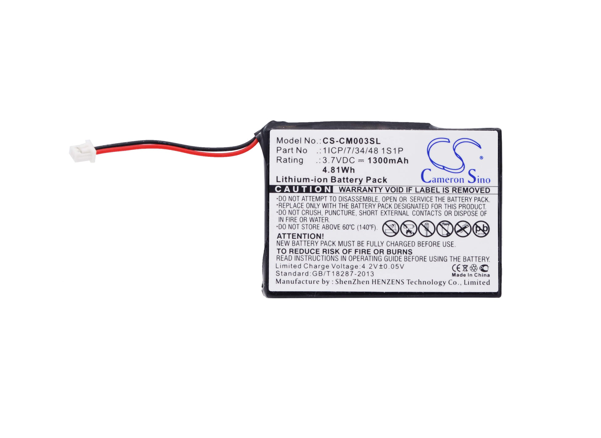 3.7V, 1300mAh, Li-ion Battery fits Cameron Sino, 1icp/7/34/48 1s1p, 4.81Wh