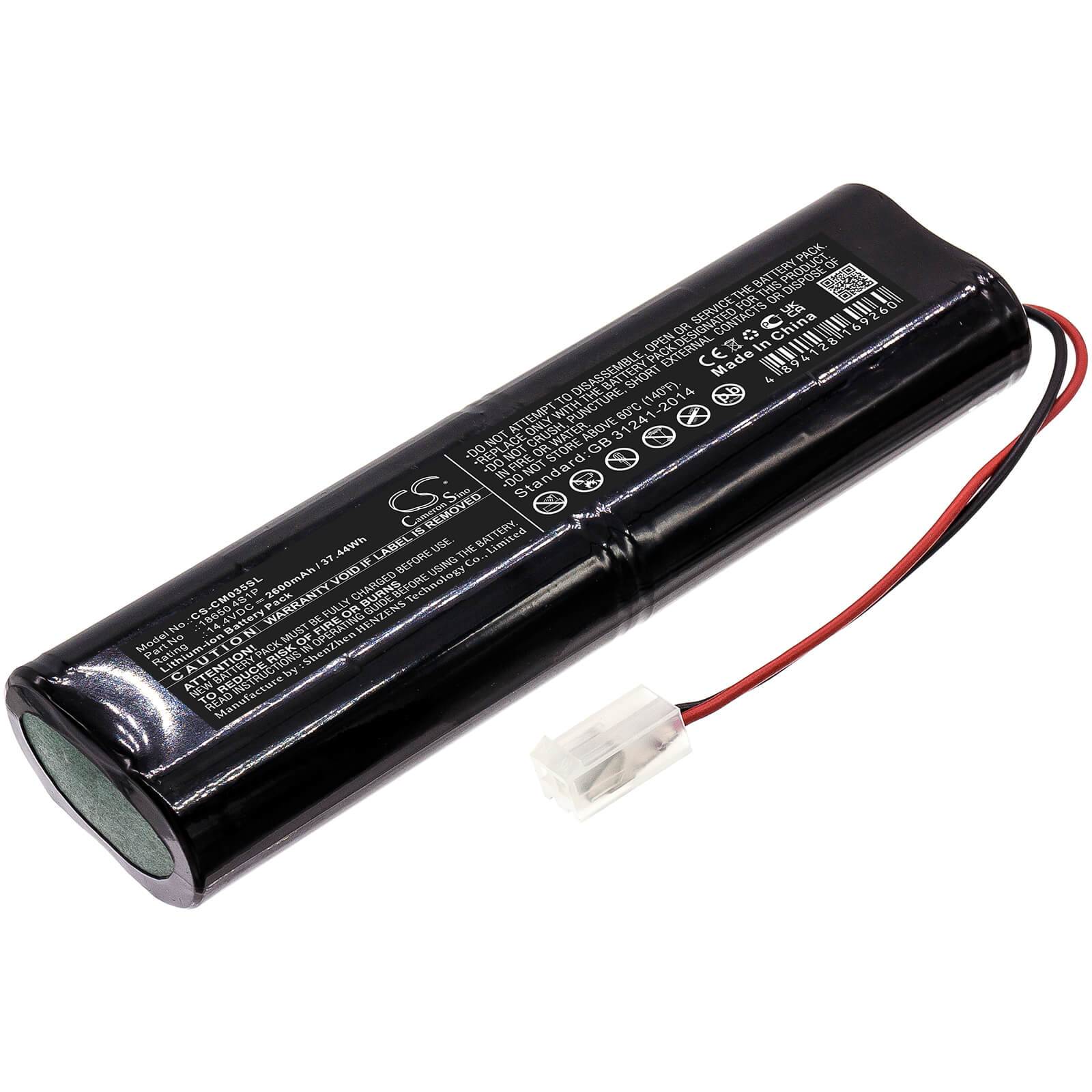 14.4V, 2600mAh, Li-ion Battery fits Cameron Sino, 18650 4s1p, 37.44Wh