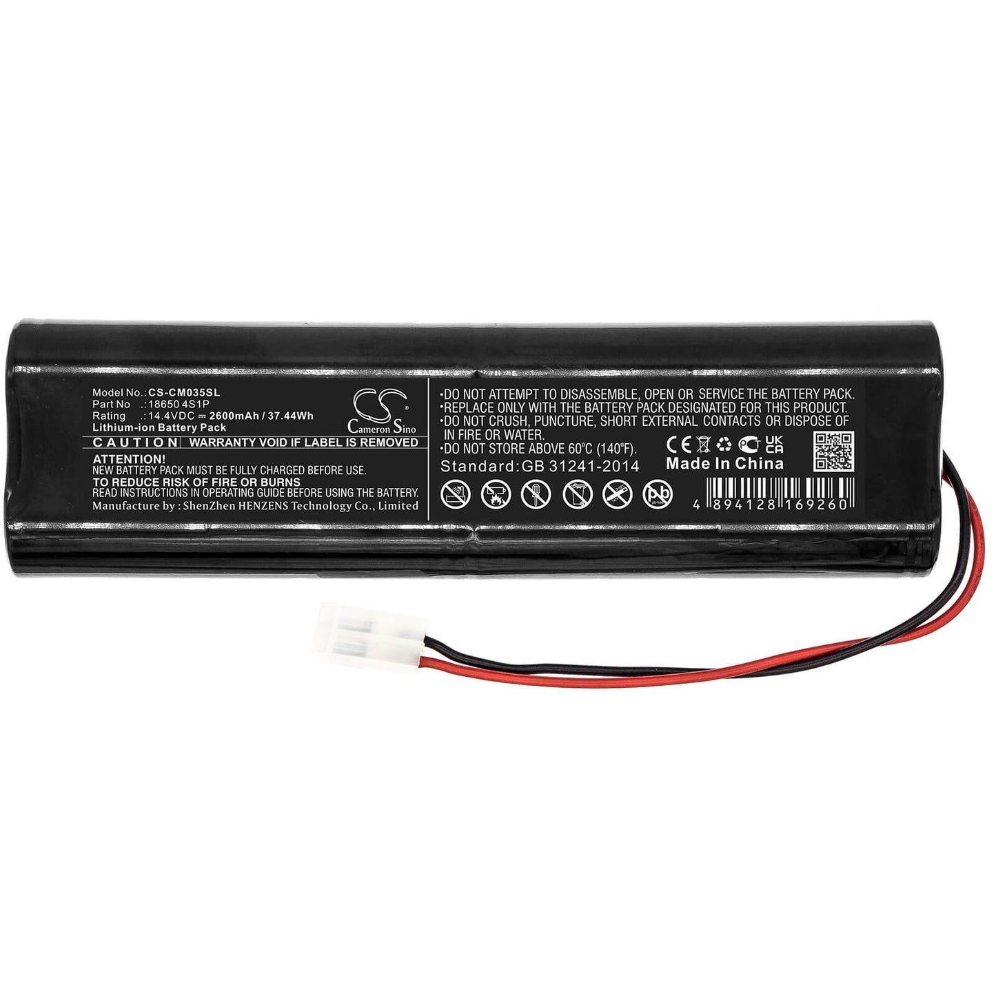 14.4V, 2600mAh, Li-ion Battery fits Cameron Sino, 18650 4s1p, 37.44Wh