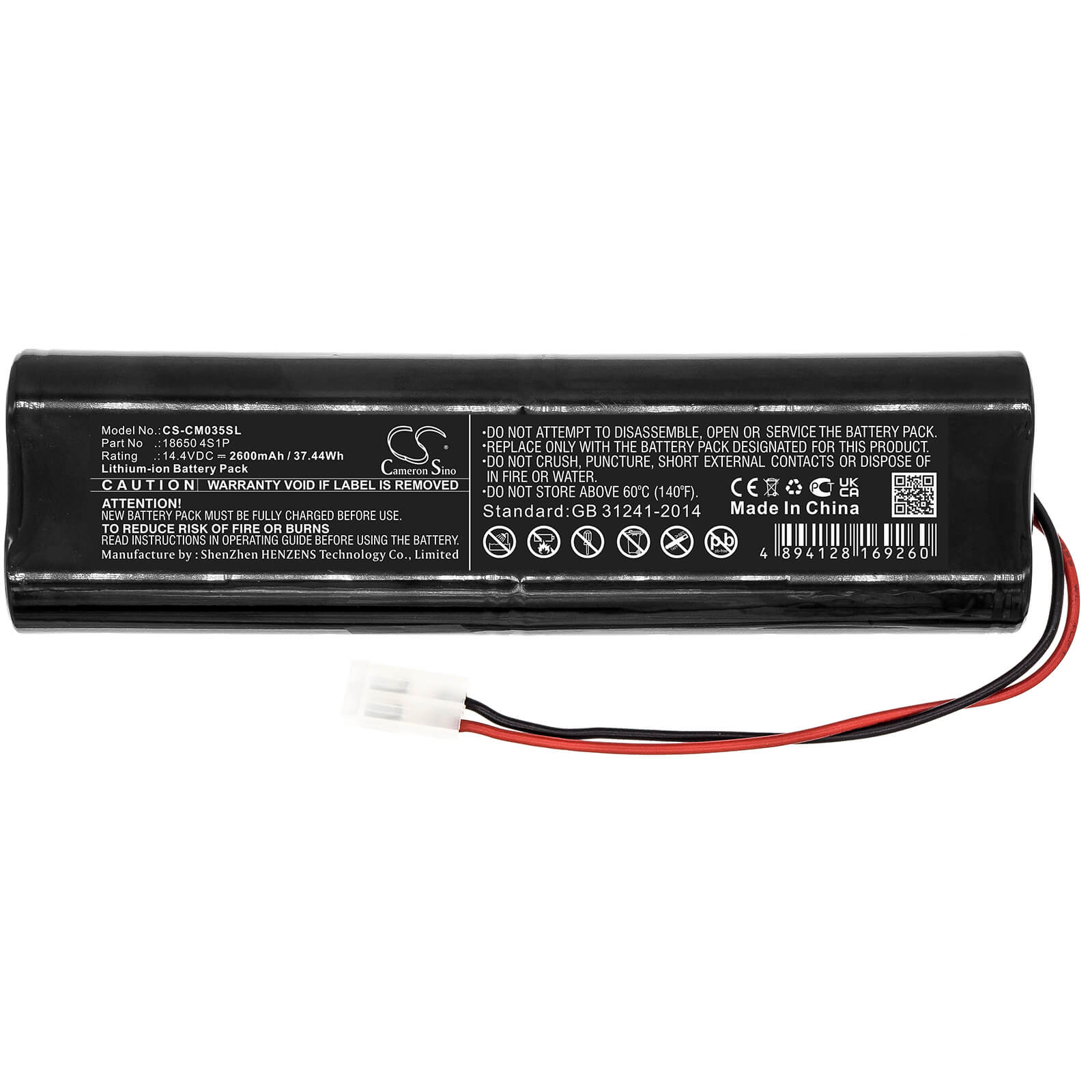 14.4V, 2600mAh, Li-ion Battery fits Cameron Sino, 18650 4s1p, 37.44Wh