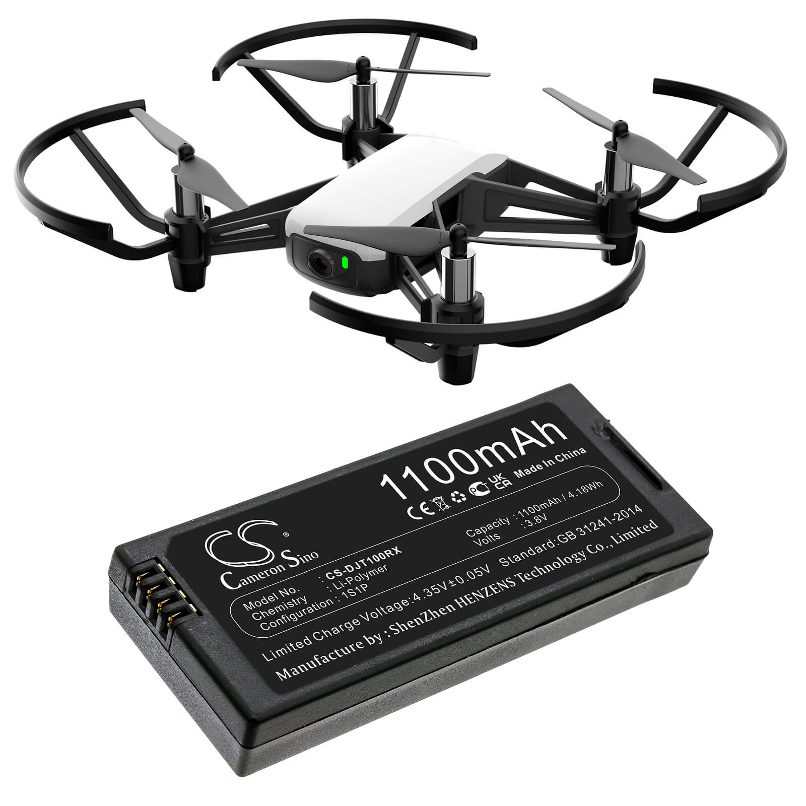 3.8V, 1100mAh, Li-Polymer Battery fits Dji, Tello, 4.18Wh