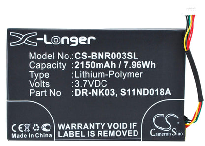 3.7V, 2150mAh, Li-Polymer Battery fits Barnes & Noble, Bnrv300, Bntv350, 7.955Wh
