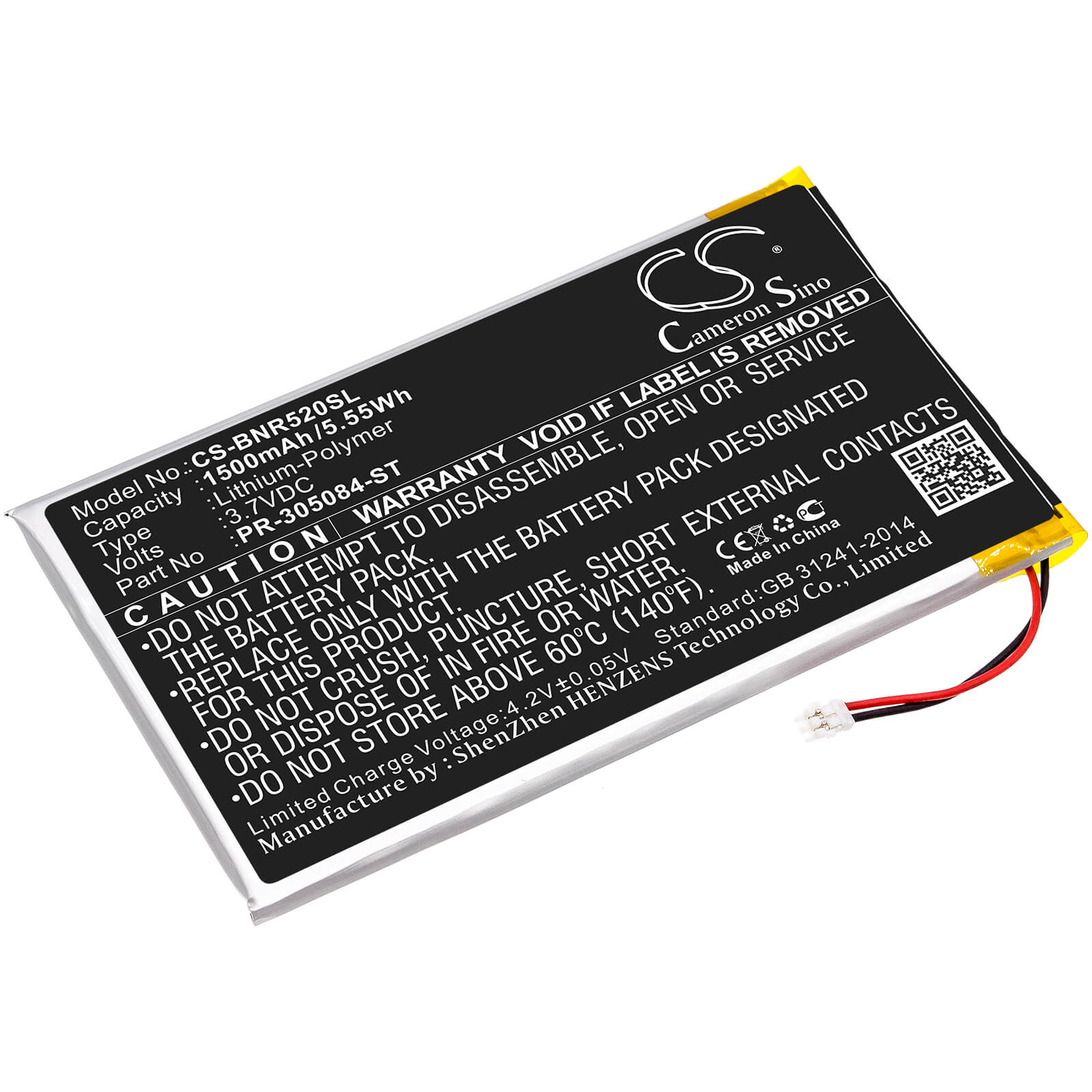3.7V, 1500mAh, Li-Polymer Battery fits Barnes & Noble, Bnrv520, Glowlight 3, 5.55Wh