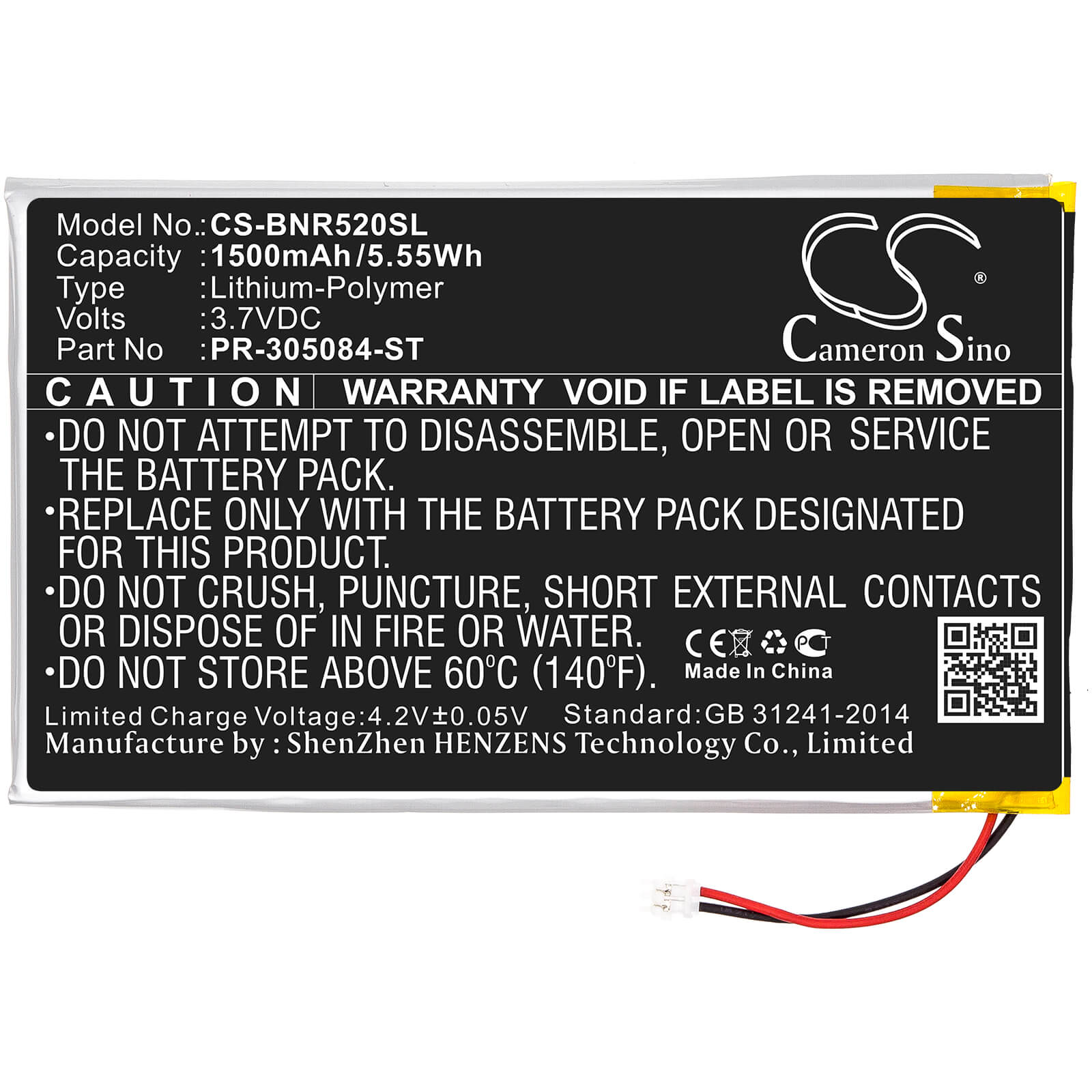 3.7V, 1500mAh, Li-Polymer Battery fits Barnes & Noble, Bnrv520, Glowlight 3, 5.55Wh