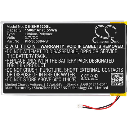 3.7V, 1500mAh, Li-Polymer Battery fits Barnes & Noble, Bnrv520, Glowlight 3, 5.55Wh