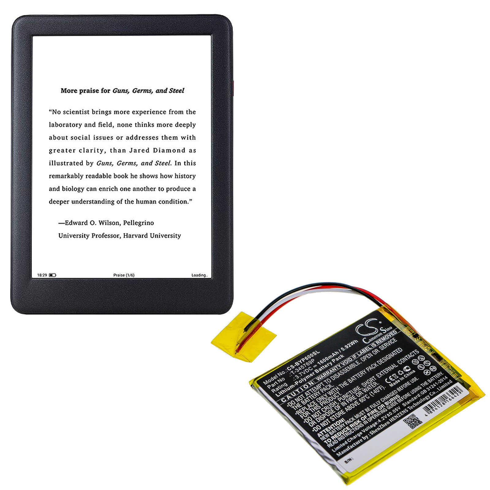 3.7V, 1600mAh, Li-Polymer Battery fits Boyue, P6, 5.92Wh