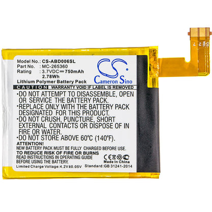 3.7V, 750mAh, Li-Polymer Battery fits Amazon, D01100, Kindle 4, 2.775Wh