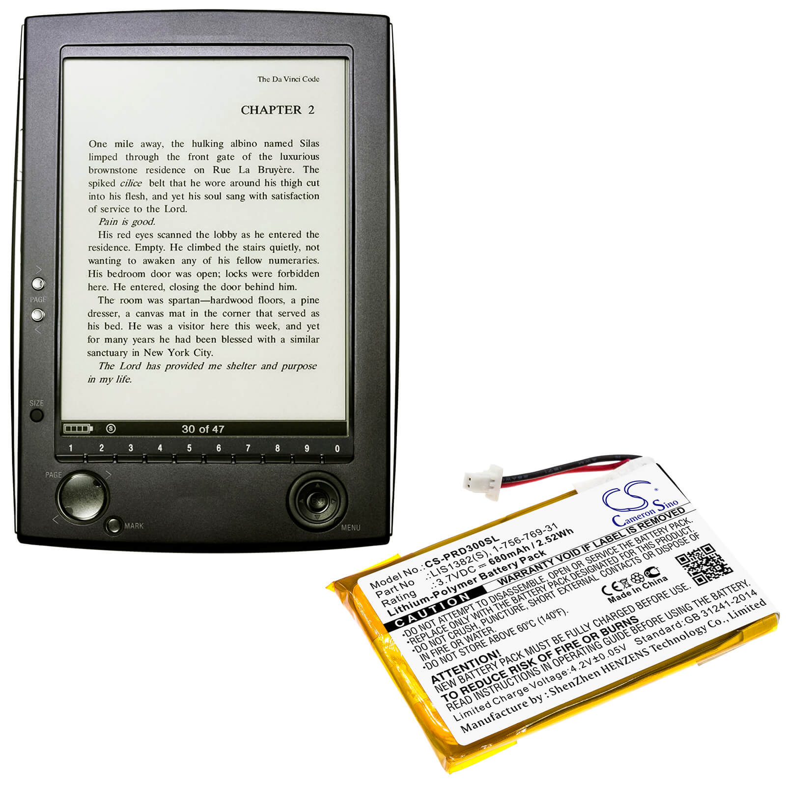 3.7V, 680mAh, Li-Polymer Battery fits Sony, Prs-300, Prs-300bc, 2.516Wh