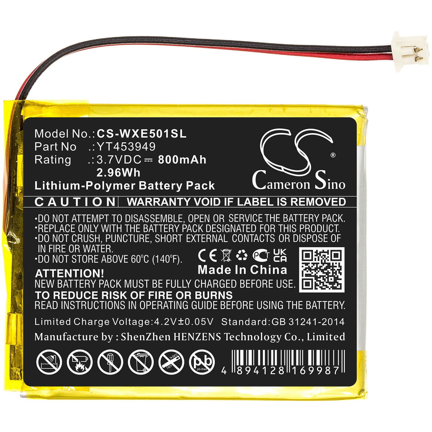 3.7V, 800mAh, Li-Polymer Battery fits Wexler, E5001, 2.96Wh