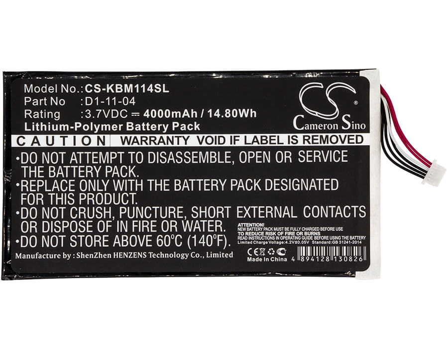 3.7V, 4000mAh, Li-Polymer Battery fits Kobo, K080-kdn-b, Vox, 14.8Wh