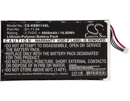 3.7V, 4000mAh, Li-Polymer Battery fits Kobo, K080-kdn-b, Vox, 14.8Wh