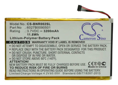 3.7V, 3200mAh, Li-Polymer Battery fits Barnes & Noble, Bnrb200, Bnrv200, 11.84Wh