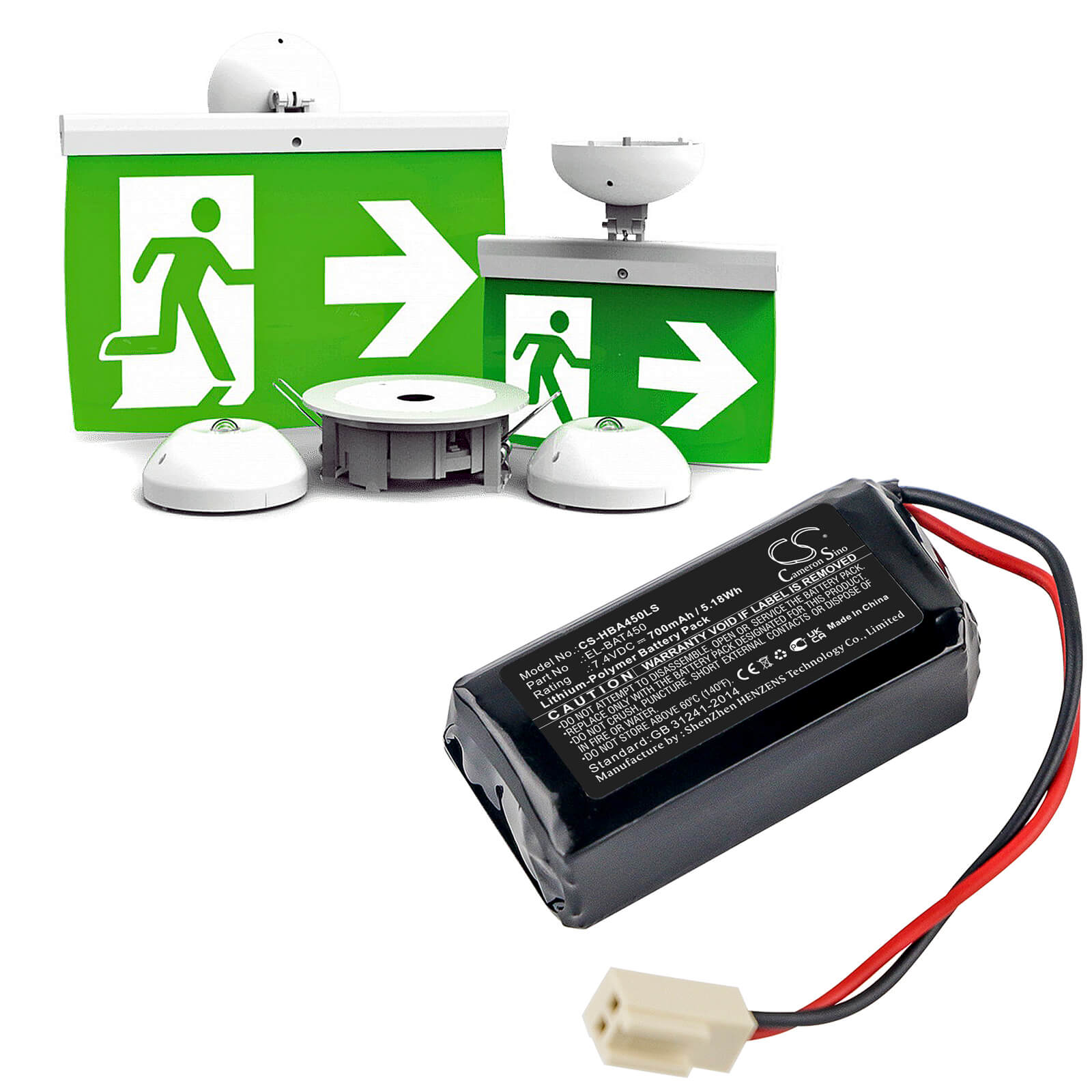 7.4V, 700mAh, Li-Polymer Battery fits Hochiki, Exit Signs, Firescape Luminaires, 5.18Wh