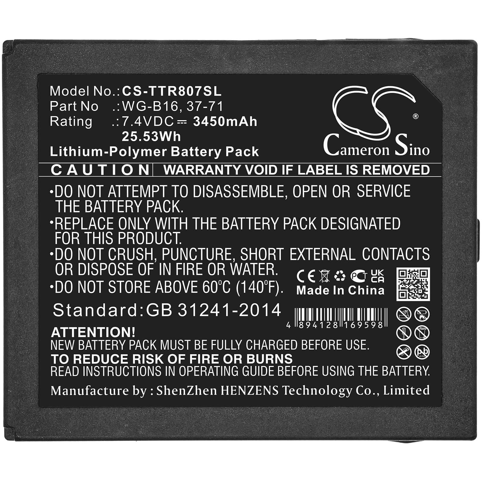 7.4V, 3450mAh, Li-Polymer Battery fits Triplett, Camview Ip Pro, Camview Ip Pro 5” Camera Teste, 25.53Wh
