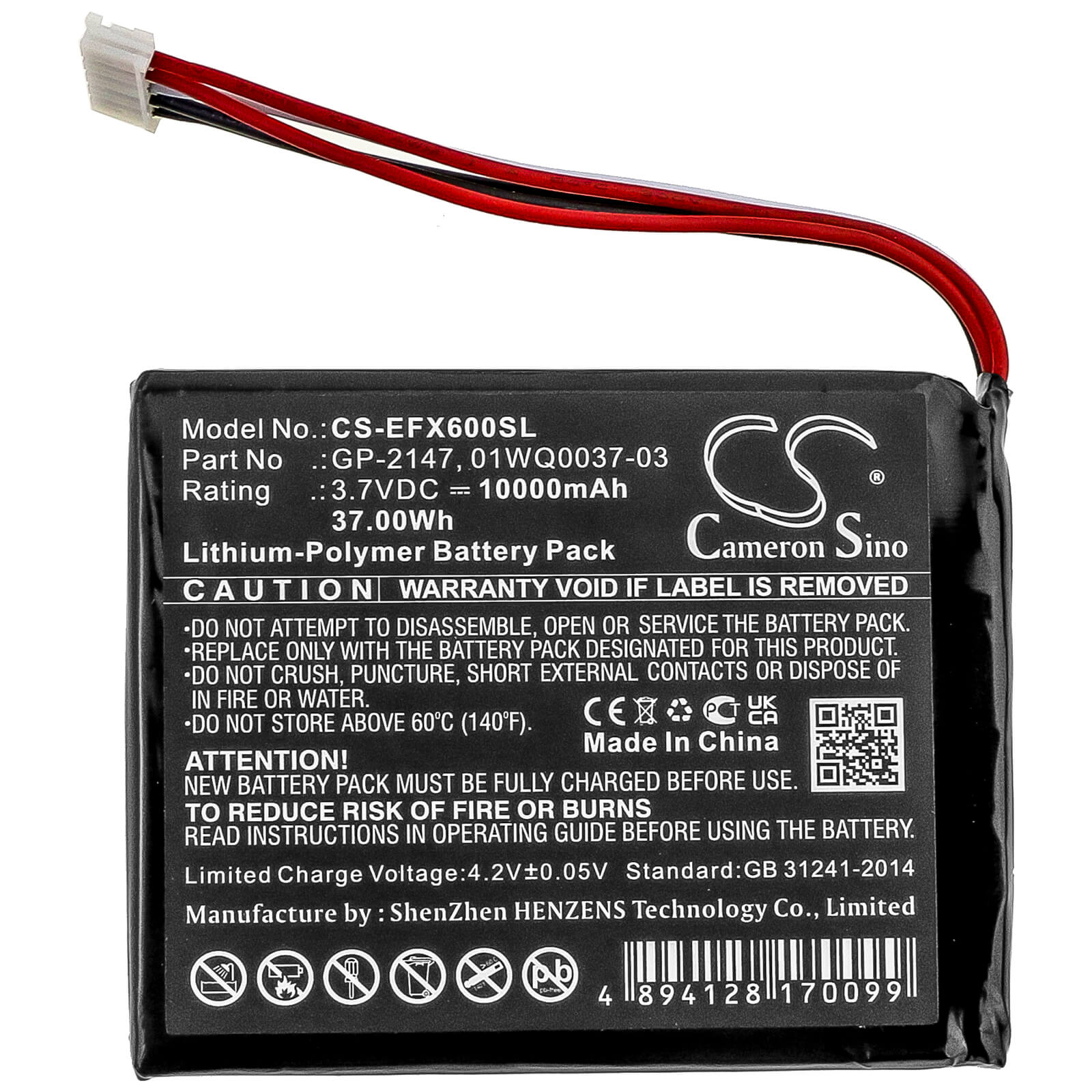 3.7V, 10000mAh, Li-Polymer Battery fits Exfo, Max-600, Max-605, 37Wh