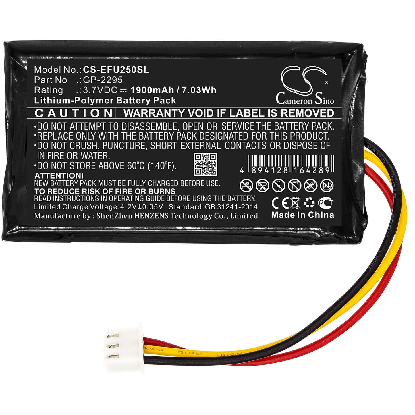 3.7V, 1900mAh, Li-Polymer Battery fits Exfo, Px1, Px1 Optical Power Expert, 7.03Wh