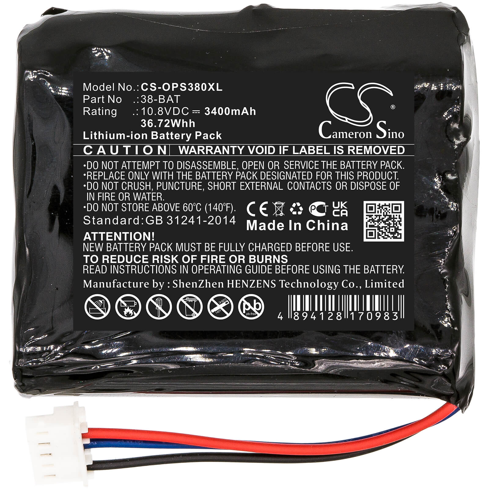 10.8V, 3400mAh, Li-ion Battery fits Olympus, 38dl Plus Ultrasonic Thickness, 36.72Wh