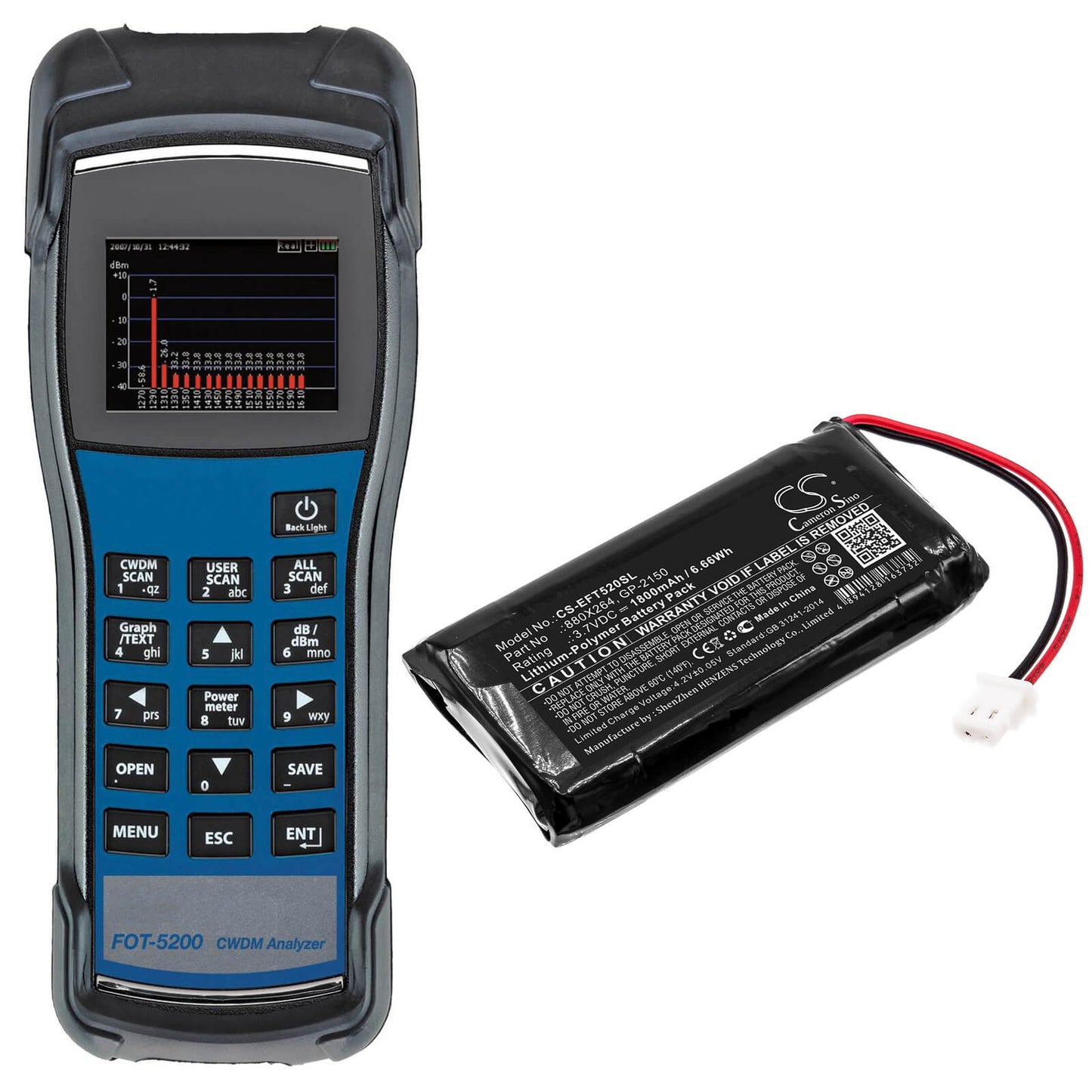 3.7V, 1800mAh, Li-Polymer Battery fits Exfo, Fot-5200, Fot-5200 Cwdm Channel Power An, 6.66Wh