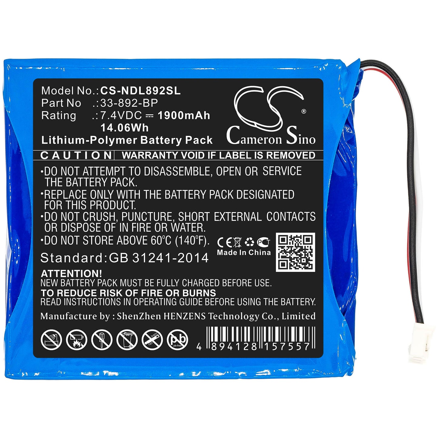 7.4V, 1900mAh, Li-Polymer Battery fits Ideal, 33-892, 33-892 Securitest Pro Tester, 14.06Wh