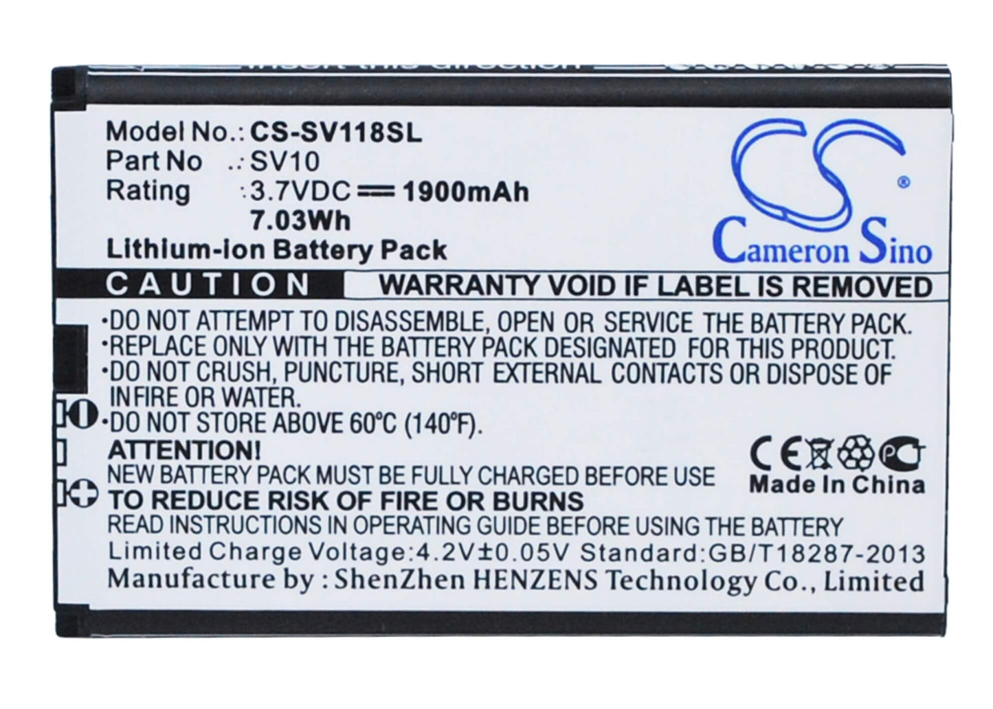 3.7V, 1900mAh, Li-ion Battery fits Sieval, Sv-118, 7.03Wh