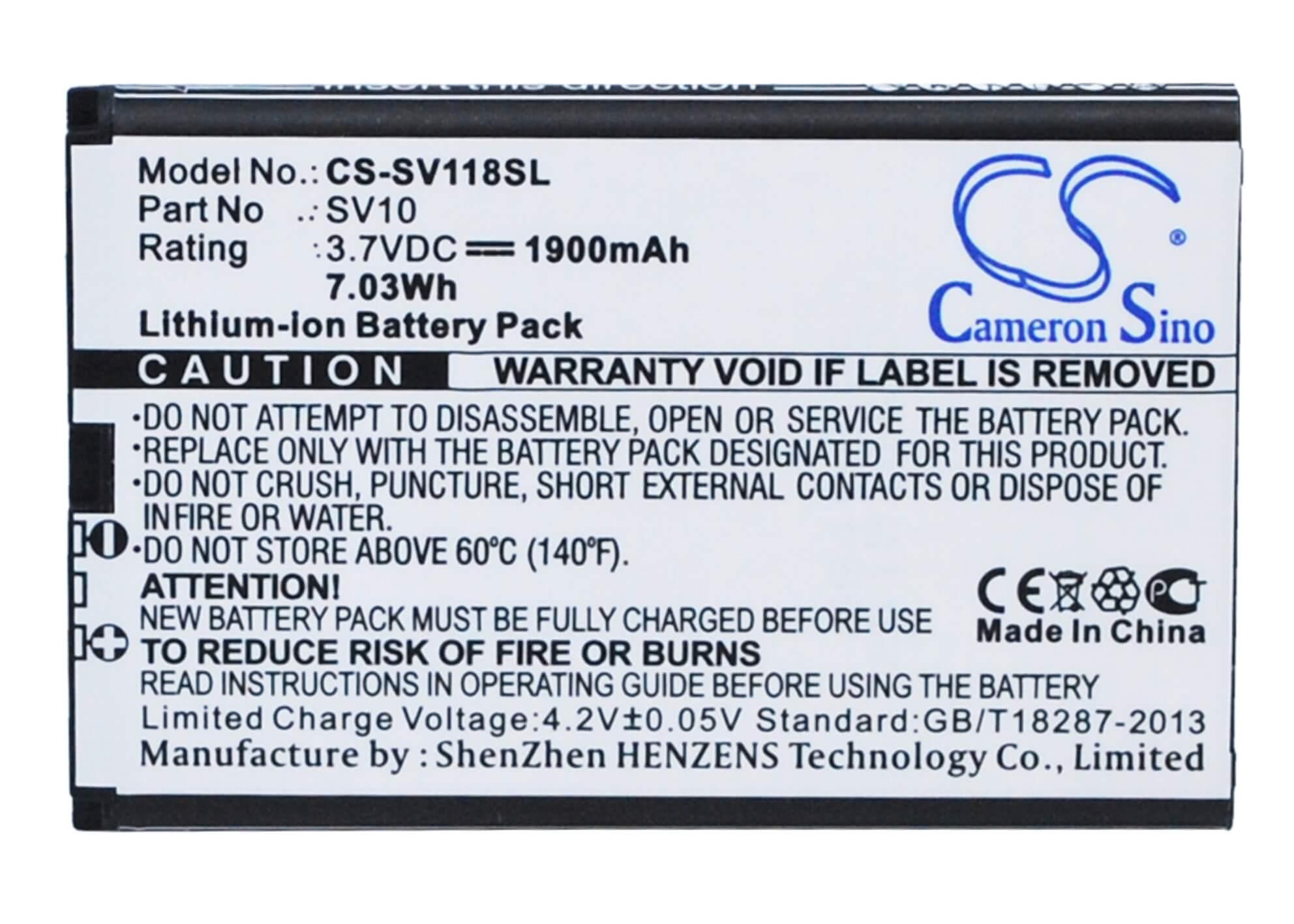 3.7V, 1900mAh, Li-ion Battery fits Sieval, Sv-118, 7.03Wh