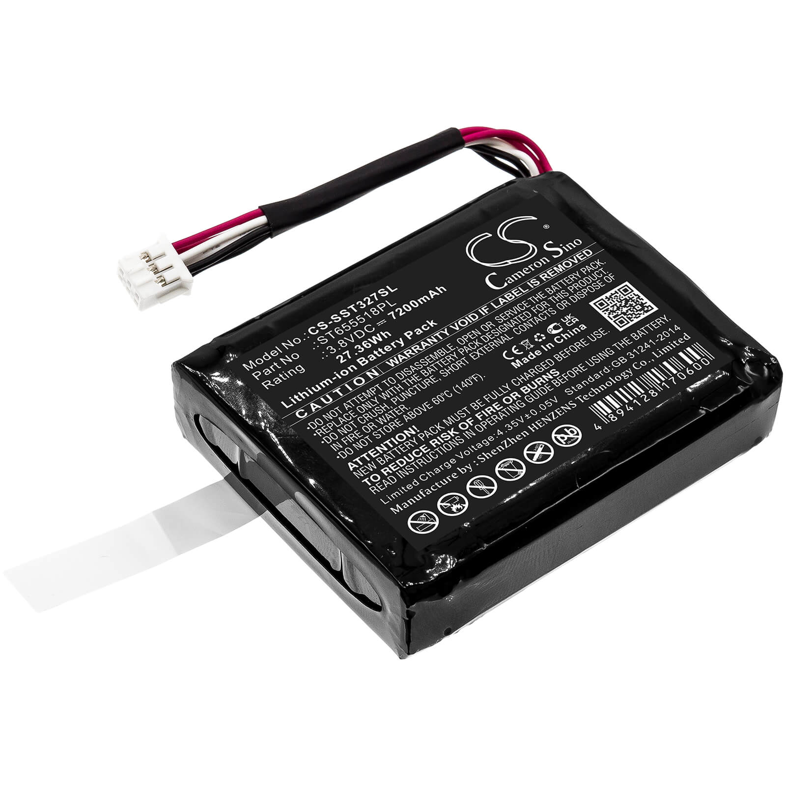 3.8V, 7200mAh, Li-ion Battery fits Senter, St103, St327, 27.36Wh