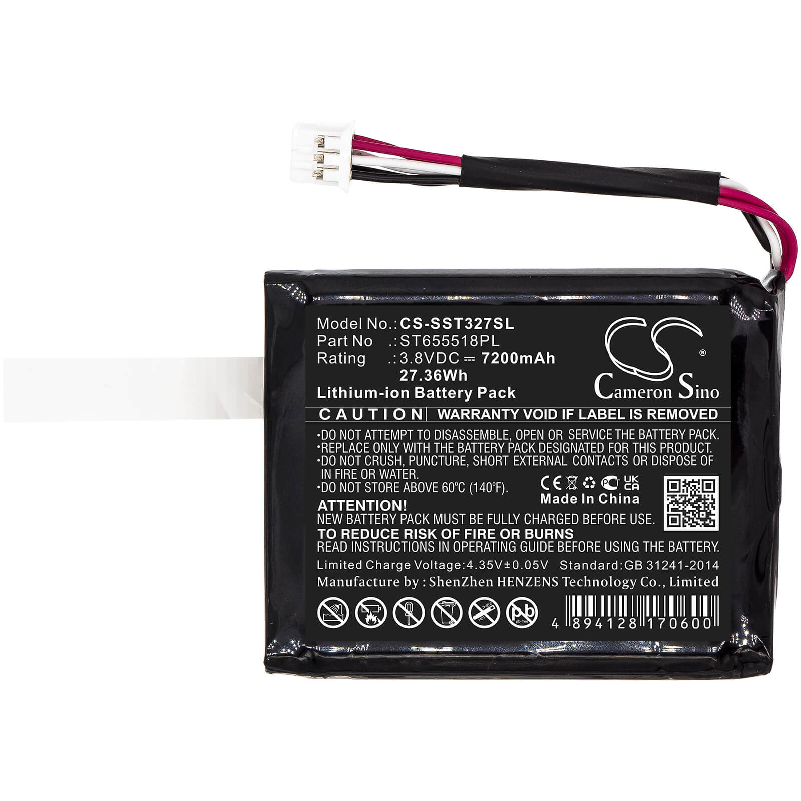 3.8V, 7200mAh, Li-ion Battery fits Senter, St103, St327, 27.36Wh