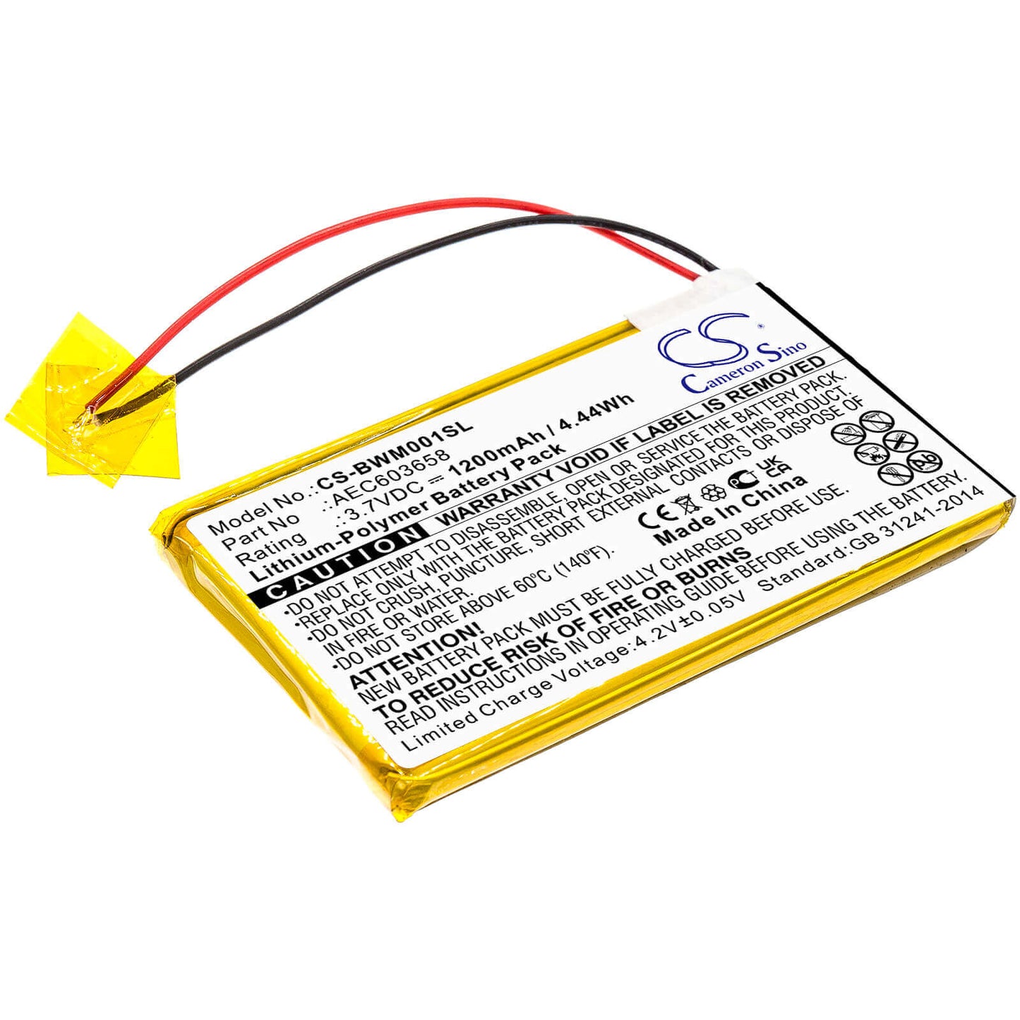 3.7V, 1200mAh, Li-Polymer Battery fits Bw, Gasalert Micro Clip Xl, Gasalert Microclip Gas Detecto, 4.44Wh