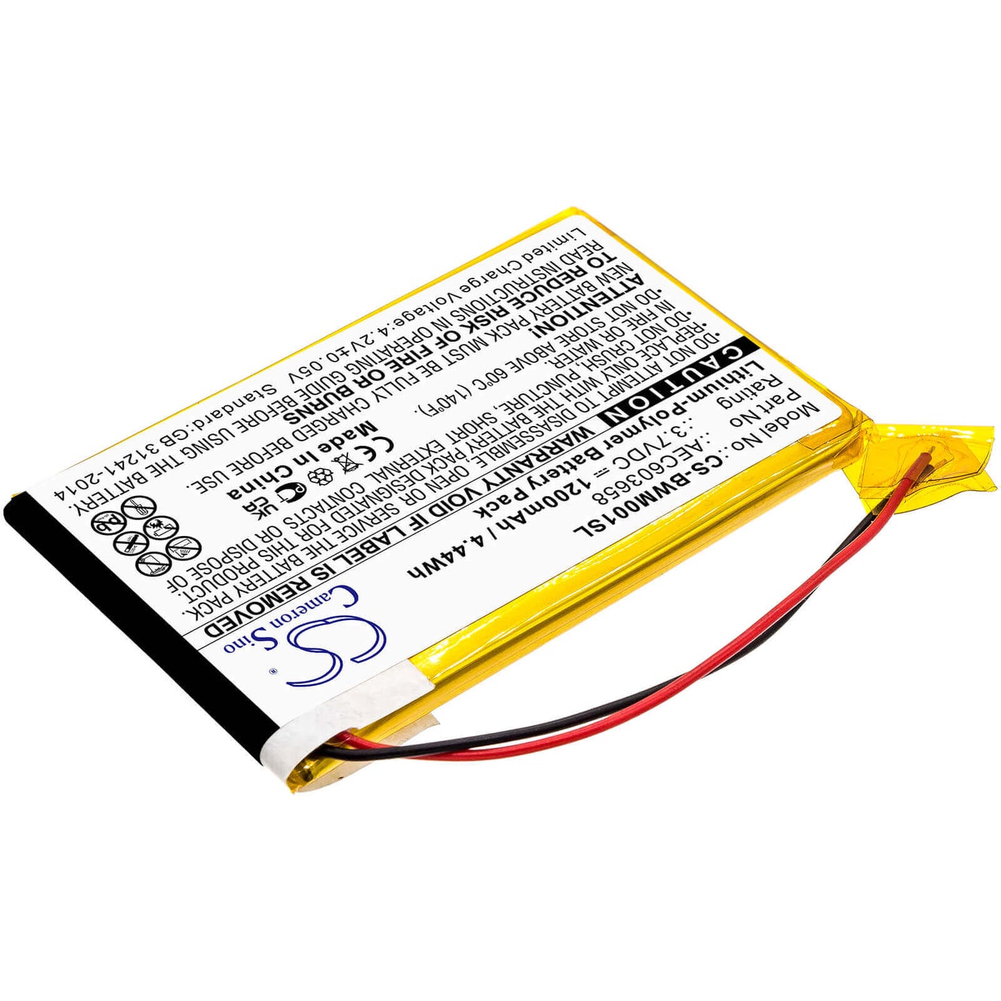 3.7V, 1200mAh, Li-Polymer Battery fits Bw, Gasalert Micro Clip Xl, Gasalert Microclip Gas Detecto, 4.44Wh