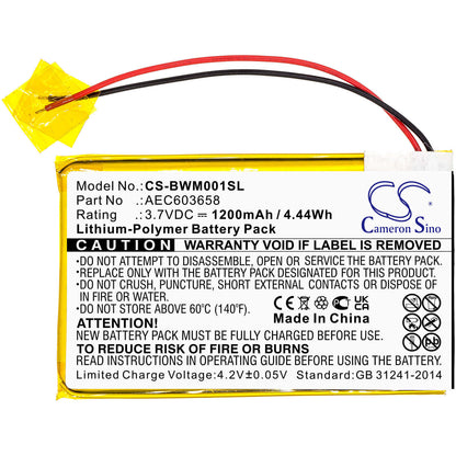 3.7V, 1200mAh, Li-Polymer Battery fits Bw, Gasalert Micro Clip Xl, Gasalert Microclip Gas Detecto, 4.44Wh
