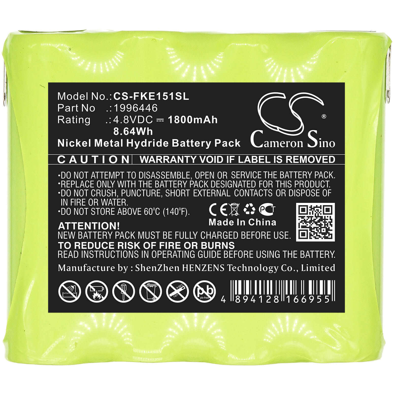 4.8V, 1800mAh, Ni-MH Battery fits Fluke, E1515w, 8.64Wh