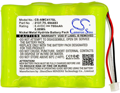 8.4V, 700mAh, Ni-MH Battery fits Aemc, 6417 Ground Tester, Pel 102, 5.88Wh