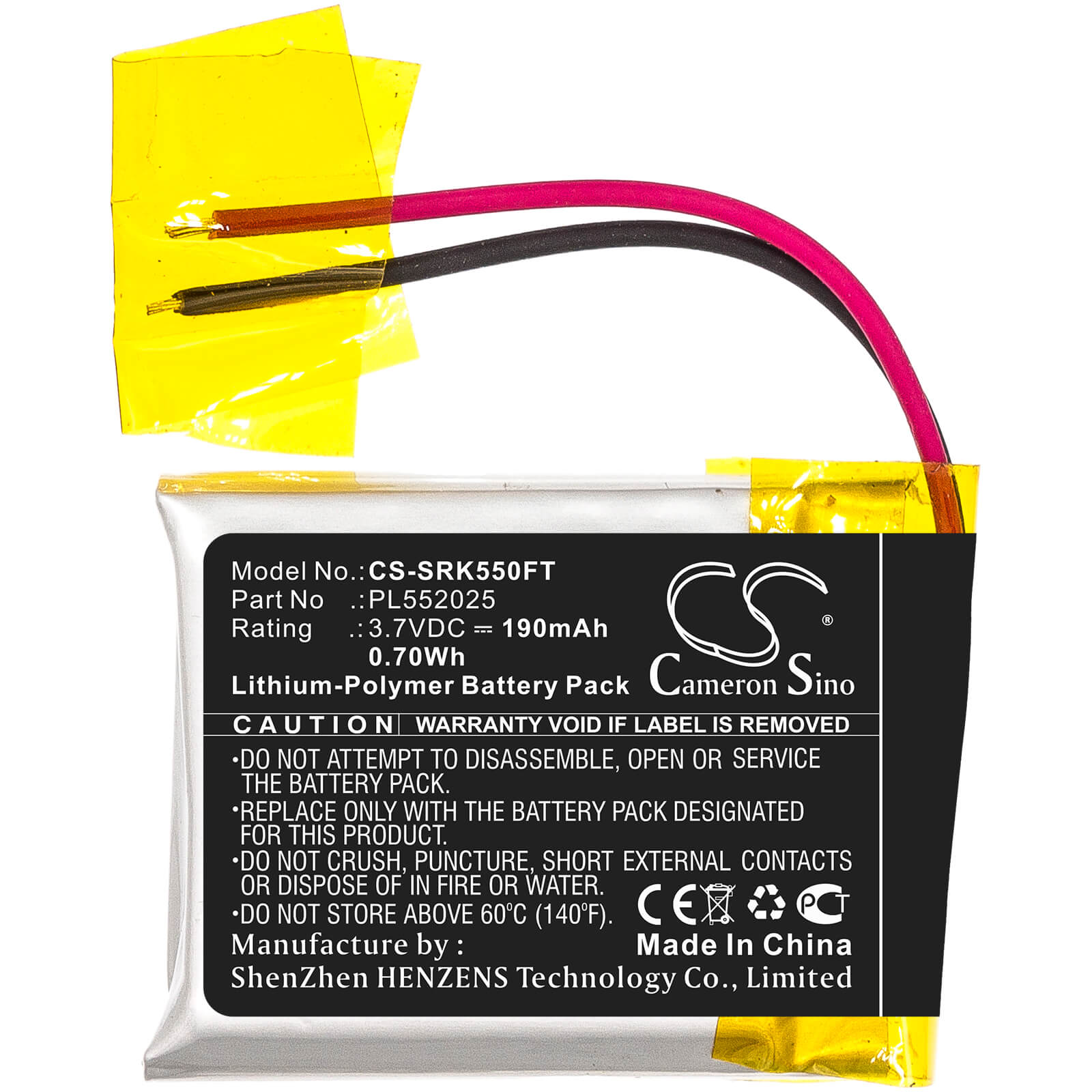 3.7V, 190mAh, Li-Polymer Battery fits Shark, 550r, 0.703Wh