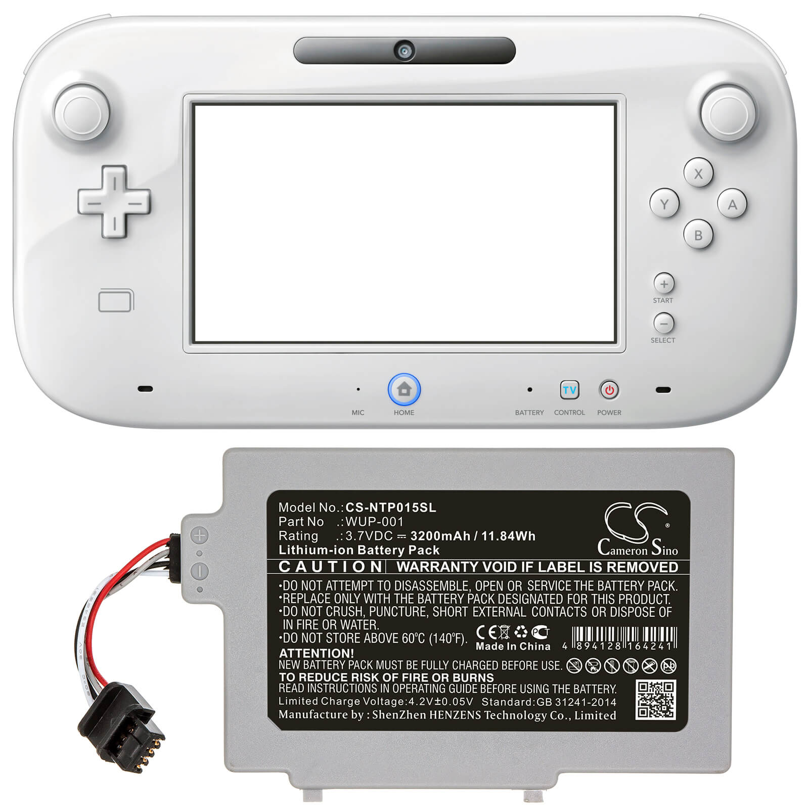 3.7V, 3200mAh, Li-ion Battery fits Nintendo, Wii U Gamepad Wup-001, 11.84Wh
