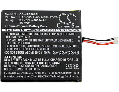 3.7V, 3600mAh, Li-Polymer Battery fits Nintendo, Hac-s-jp/eu-c0, Switch Hac-001, 13.32Wh