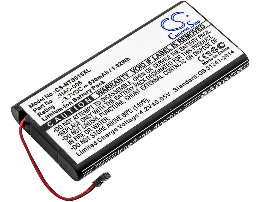 3.7V, 520mAh, Li-ion Battery fits Nintendo, Hac-015, Hac-016, 1.924Wh