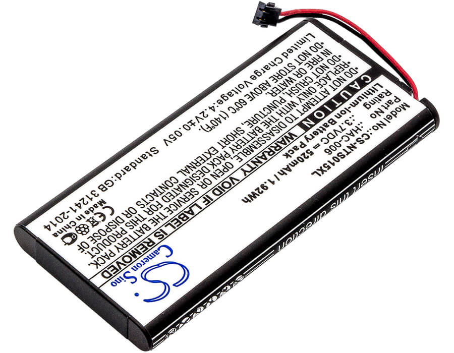 3.7V, 520mAh, Li-ion Battery fits Nintendo, Hac-015, Hac-016, 1.924Wh