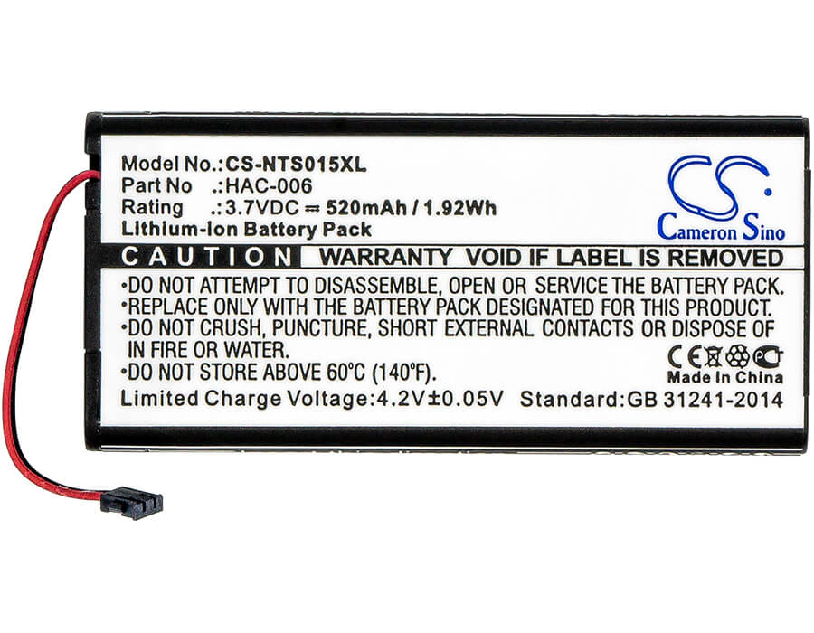 3.7V, 520mAh, Li-ion Battery fits Nintendo, Hac-015, Hac-016, 1.924Wh