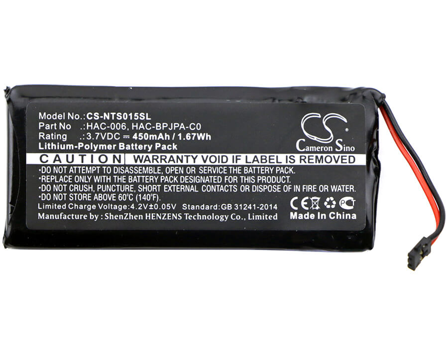 3.7V, 450mAh, Li-Polymer Battery fits Nintendo, Hac-015, Hac-016, 1.665Wh
