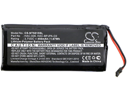 3.7V, 450mAh, Li-Polymer Battery fits Nintendo, Hac-015, Hac-016, 1.665Wh