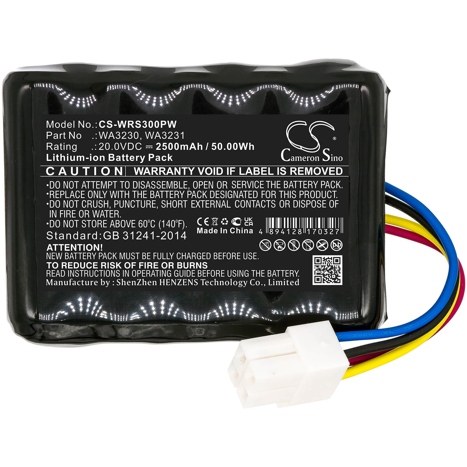 20.0V, 2500mAh, Li-ion Battery fits Worx, Landroid S 390m2, Landroid S Basic, 50Wh