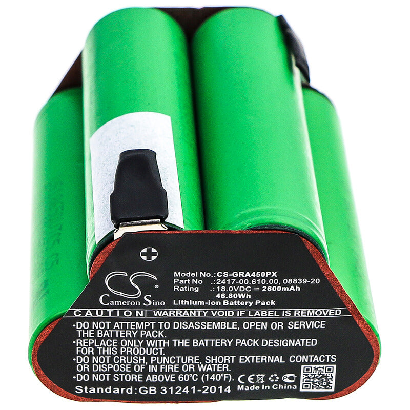 18.0V, 2600mAh, Li-ion Battery fits Gardena, 02417-20, Accucut 400li, 46.8Wh