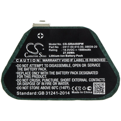 18.0V, 1500mAh, Li-ion Battery fits Gardena, 02417-20, Accucut 400li, 27Wh