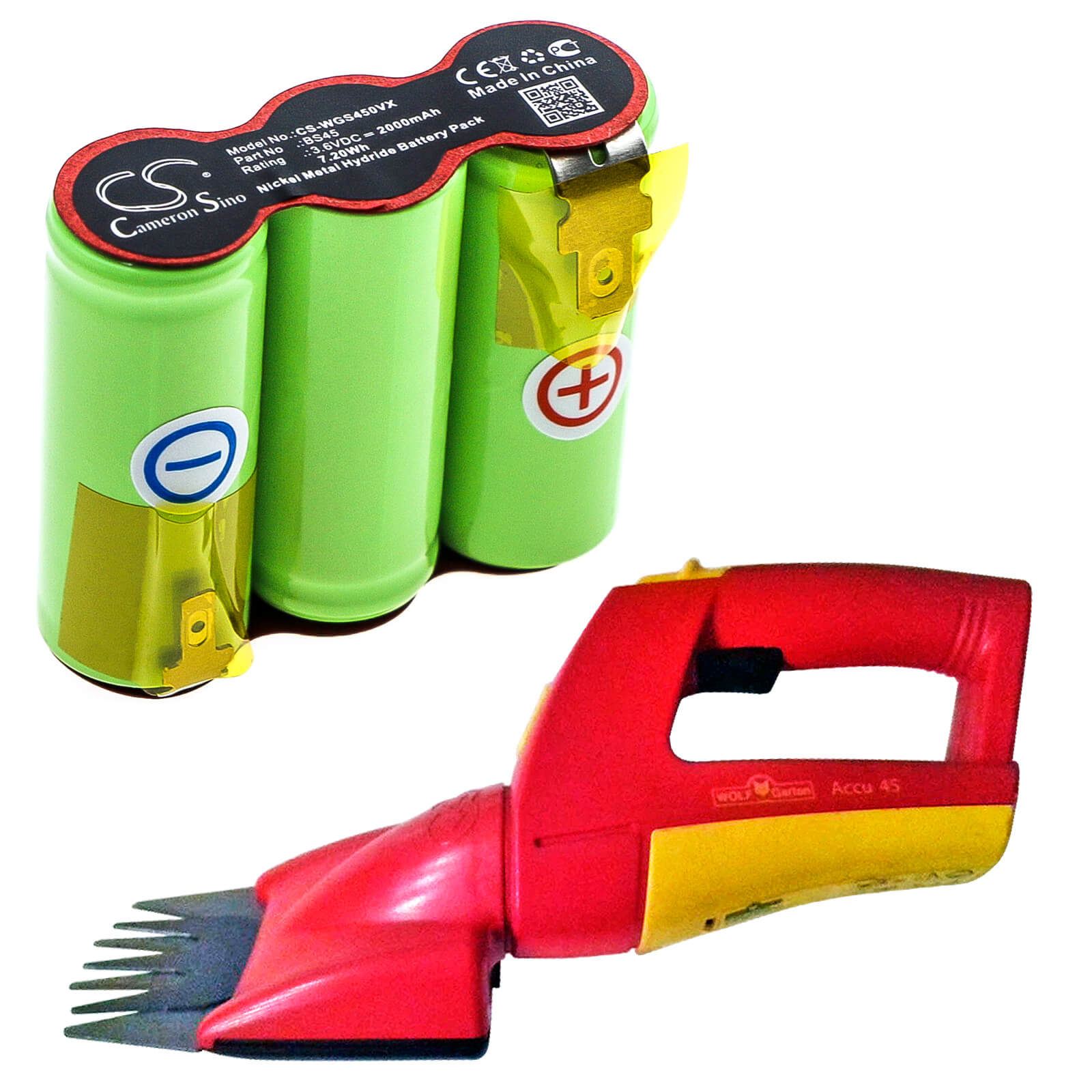 3.6V, 2000mAh, Ni-MH Battery fits Wolf Garten, Grass Shears Accu 45 Serie B-d, Rasenschere, 7.2Wh